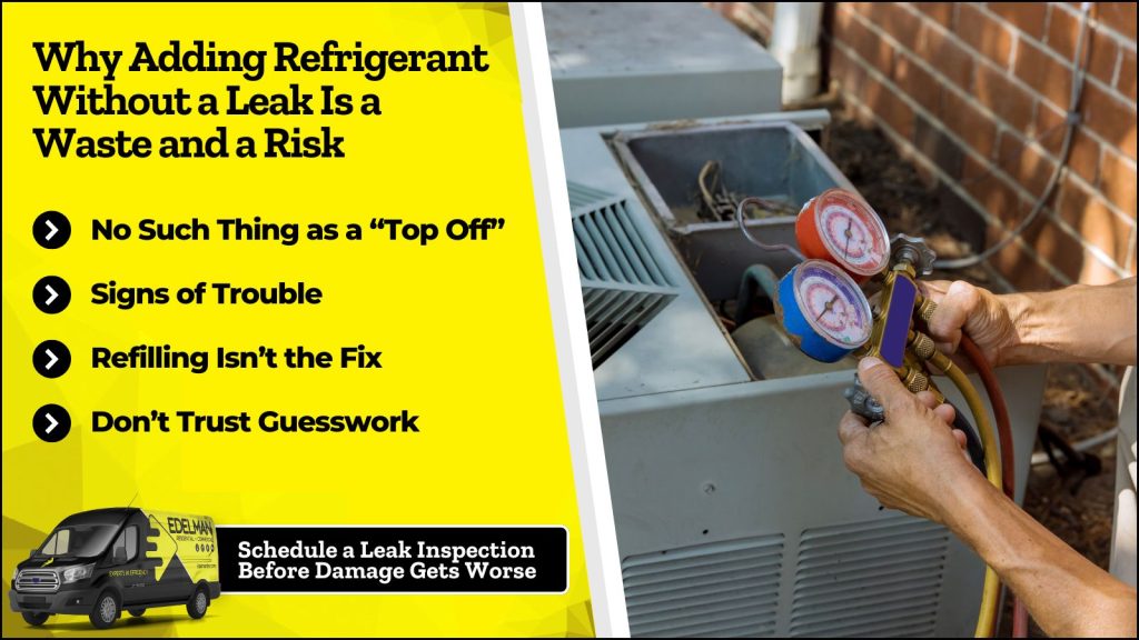 This is an image of an HVAC technician checking the refrigerant levels of an AC unit. The headline reads why adding refrigerant without a leak is a waste and a risk.