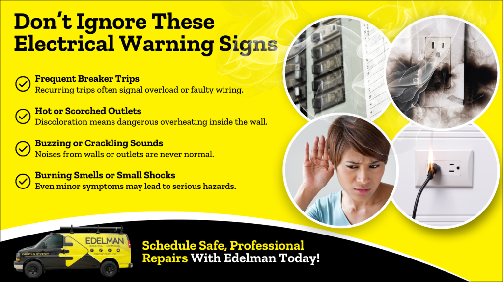 This is an image of a breaker panel, a burnt outlet, a woman listening to a wall and a burning socket. The headline reads don't ignore these electrical warning signs.