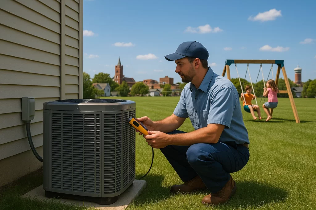 An HVAC tech checking an AC condenser unit.