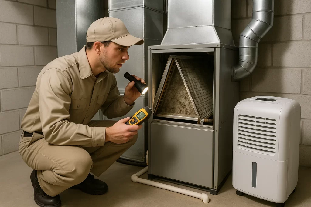 HVAC technician inspecting indoor air handler for mold in Illinois basement.