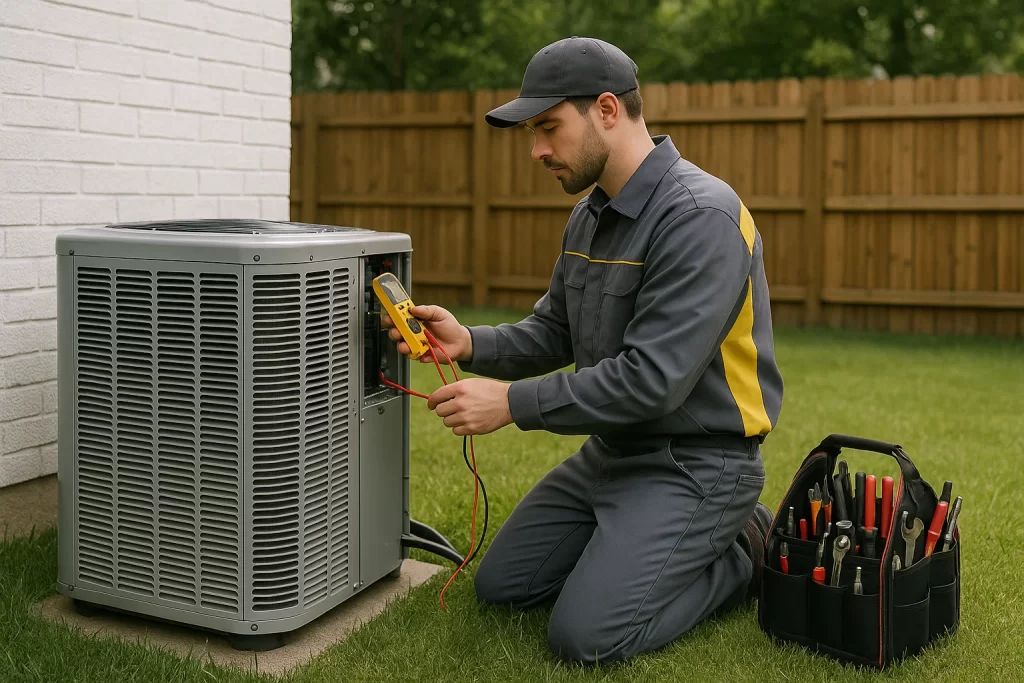 HVAC technician diagnosing short-cycling issue on outdoor AC unit in Illinois backyard.